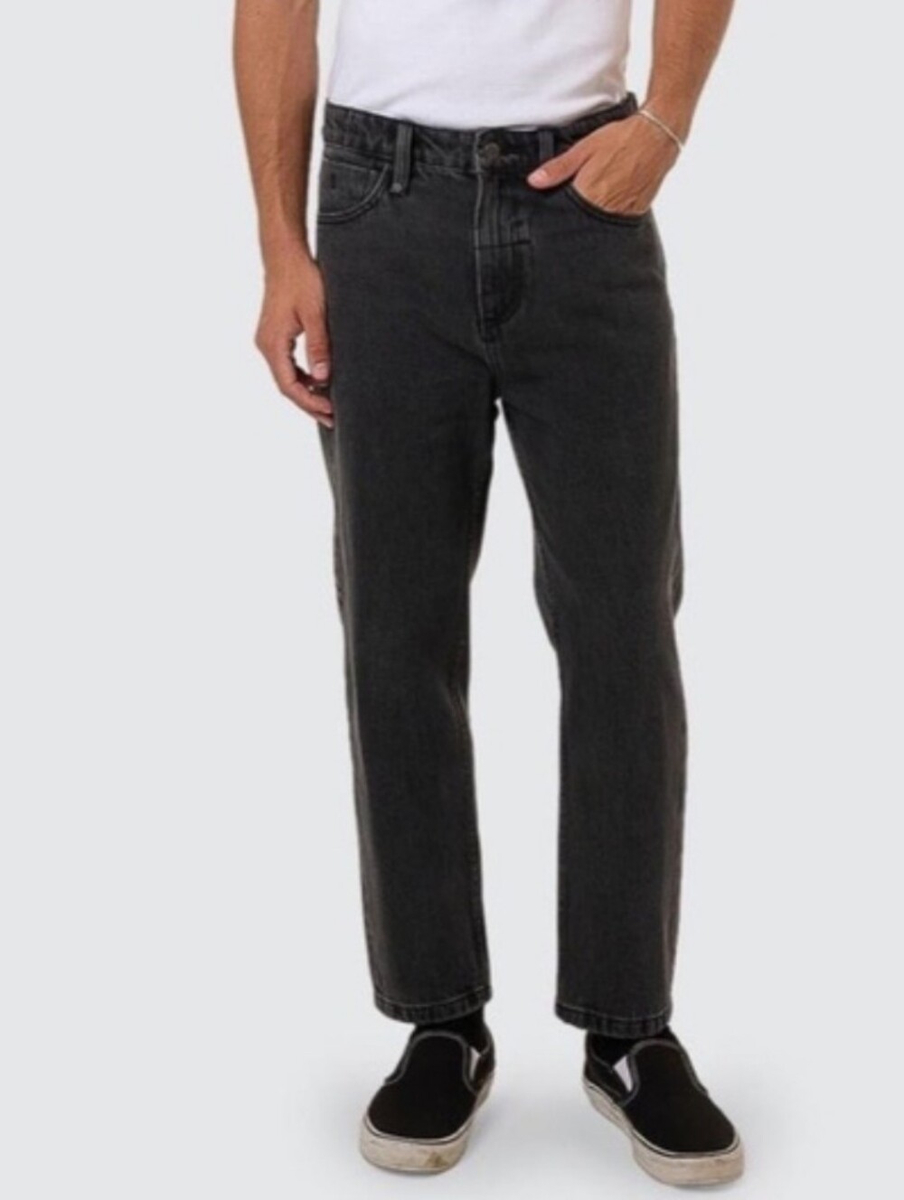 Thrills Chopped Denim Straight Jeans Ash  Black 90s Organic Cotton Button Fly
